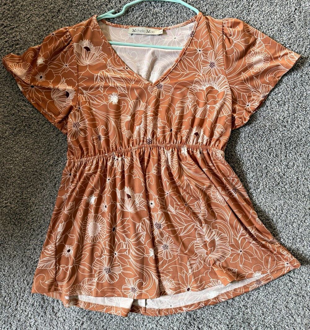 Michelle Mae Rust Floral V-Neck Peplum Tunic